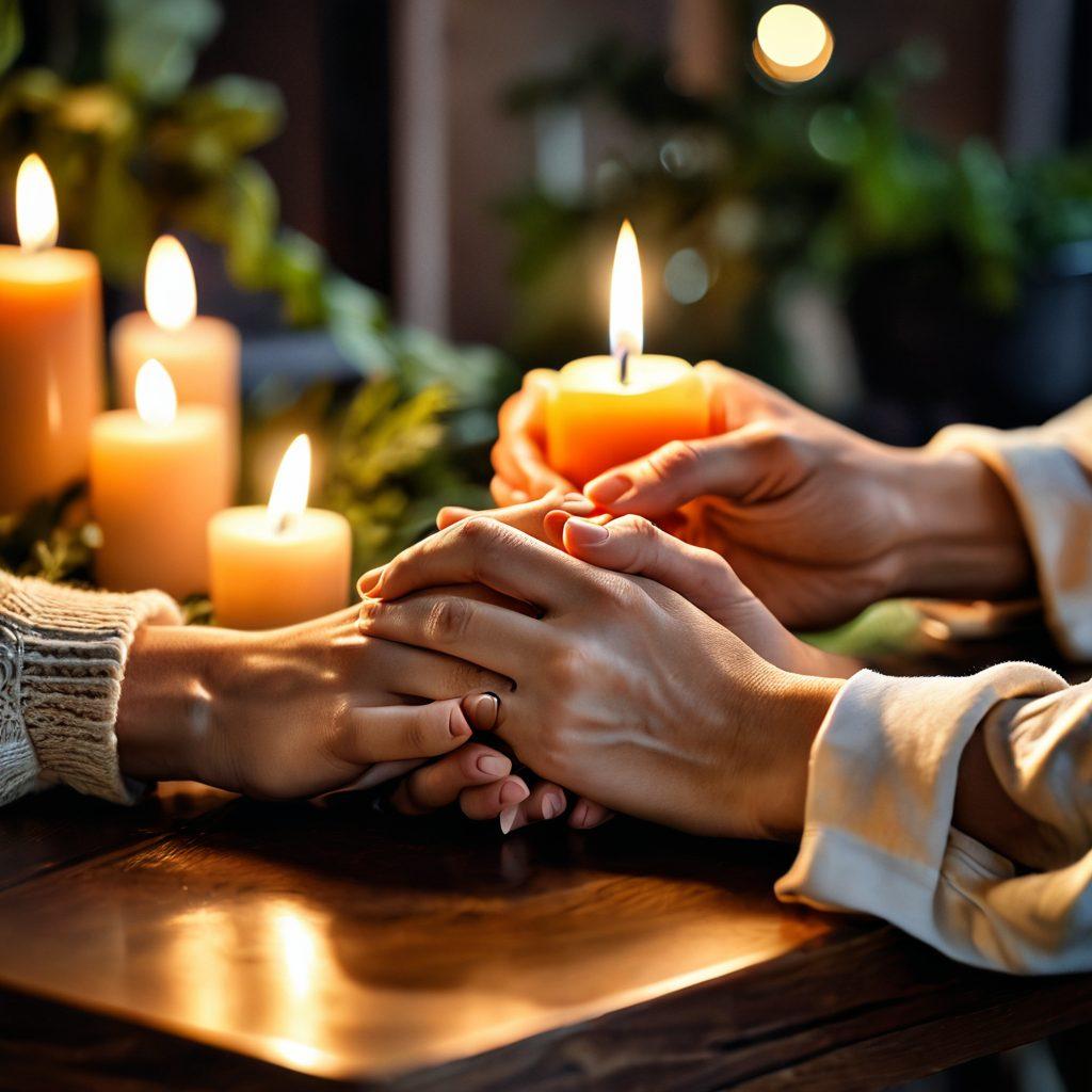 A warm, cozy scene depicting two people sharing a heartfelt moment, surrounded by a soft glow of candlelight, symbolizing affection. Their hands are gently held together with intertwined fingers, and in the background, lush greenery represents growth in their emotional bond. The atmosphere should feel intimate and inviting, with subtle details like a framed photo of them on the table. super-realistic. warm colors. soft focus.
