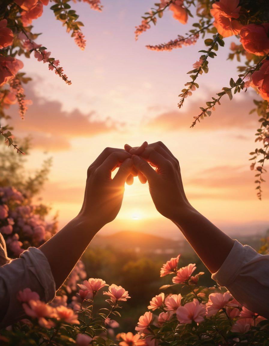 A warm and cozy scene depicting two hands intertwined, symbolizing connection and love. In the background, softly blurred silhouettes of a couple enjoying a sunset together, surrounded by blooming flowers to represent growth and intimacy. Gentle lighting creates a soothing atmosphere, emphasizing warmth and tenderness. super-realistic. vibrant colors. soft focus.