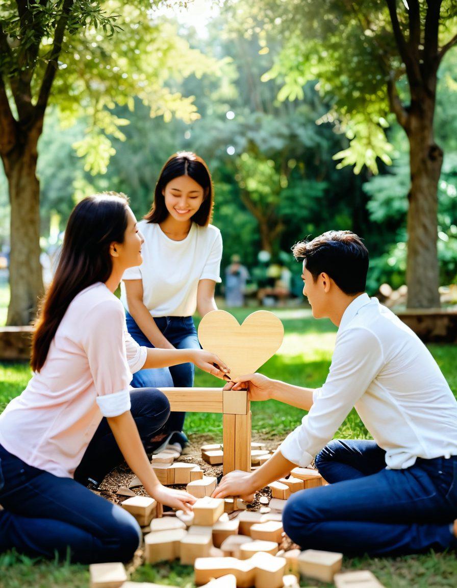 A warm, inviting scene of a couple working together to build a heart-shaped structure made of wooden blocks, surrounded by greenery and soft sunlight filtering through the trees. In the background, friends and family are engaged in fun activities, symbolizing community and support. The atmosphere should exude love, teamwork, and joy, with soft pastel colors enhancing the sense of warmth. watercolor style. soft focus.